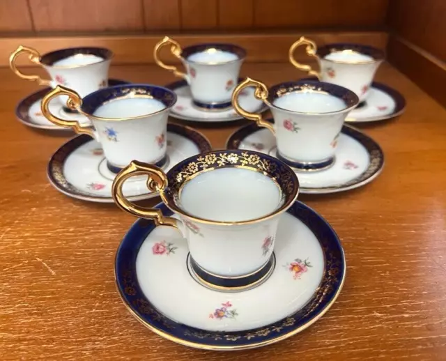 Demitasse Coffee 6 Cups 6 Saucers White Blue Gold Martinroda Crown PM Mark VTG