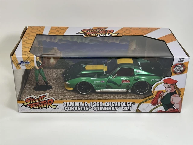 Jada Street Fighter 1:24 1969 Corvette Stingray With Cammy Figure – Die-Cast Car With Opening Doors