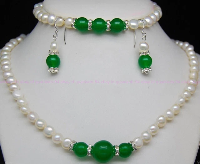 Natural 7-8mm White Pearl Green Jade Gems Necklace Bracelet Earrings Set