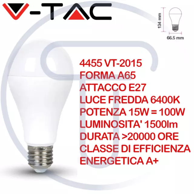 V-TAC VT-2015 4455 Lampadina LED E27 15W A65 Bianco Freddo 6400K Plastica Sfera