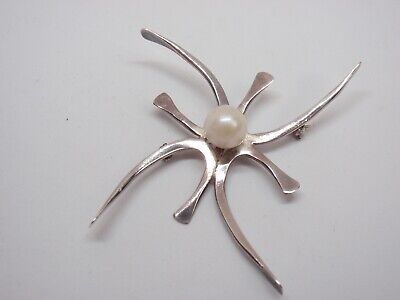Mid-Century Mod Modern Pin Abstract Star Burst Sterling Silver Cultured Pearl 3"