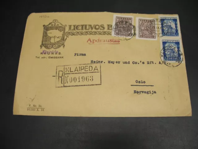 Lithuania 1935 registered cover to Norway *10236