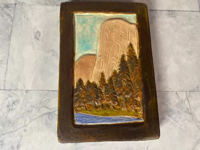 Arts and Crafts Pottery Tile Trivet Mountains Trees and River Unknown Maker Mark