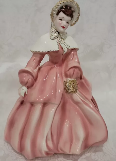 FLORENCE CERAMICS VICTORIAN LADY FIGURINE PINK &Gold Dress, Roses BEAUTIFUL 8,5"