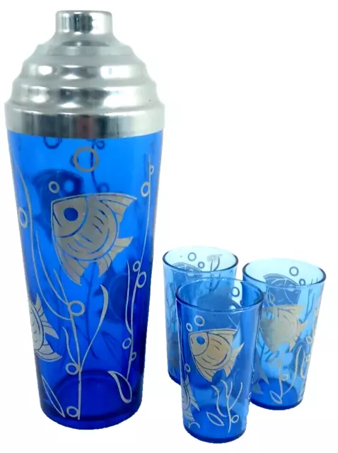 Hazel Atlas Vintage Blue Glass Cocktail Shaker & 3 Glasses Angel Fish 1930s MCM