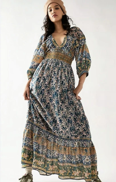 FREE PEOPLE 'GOLDEN Hour' Border Maxi Dress - MEDIUM - Multi Red Combo  RRP158 78.70 - PicClick UK
