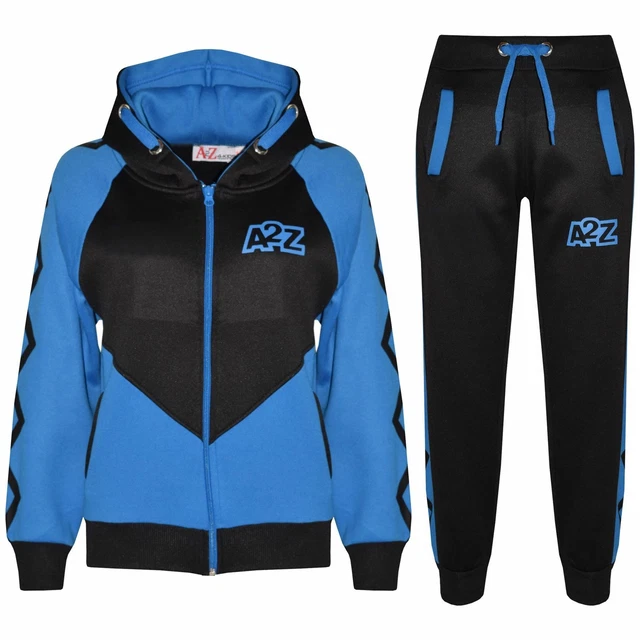 Kids Boys Girls Tracksuit Blue Contrast Panel Hooded Top Bottom Joggingsuit 5-13