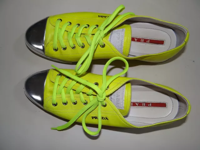 Prada Sport Neon Yellow/Silver Leather Cap Toe Sneaker Woman's size 40