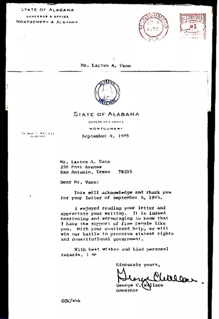 Gov. GEORGE C. WALLACE of ALABAMA 1965 Signed Letter $4 sh to USA!