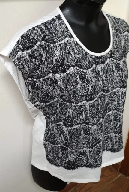 Two by Vince Camuto Ladies White Top Black Lace Print Cap Slv Cotton Sz L 3