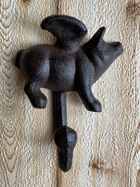 Flying Pig With Wings Wall Hook Cast Iron Key Towel Coat Hanger Rustic Brown