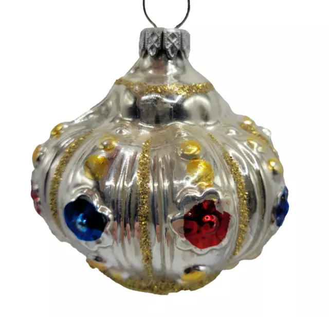 Vintage Christmas Glass Ornament Holiday Decor Silver Crown West Germany