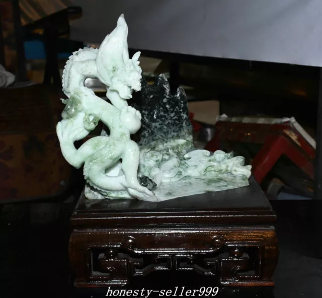 12.5" China Natural Dushan Jade Carved Fengshui Dragon Loong Beast Shanzi Statue