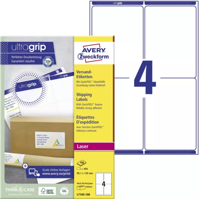 AVERY Zweckform L7169-100 Shipping Labels (400 Labels with Ultragrip, 99.1 x 139