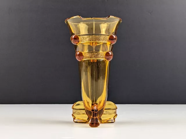 Stolzle / Hermanova Hut Amber Glass Footed Rocket Small Vase, 1930s Art Deco