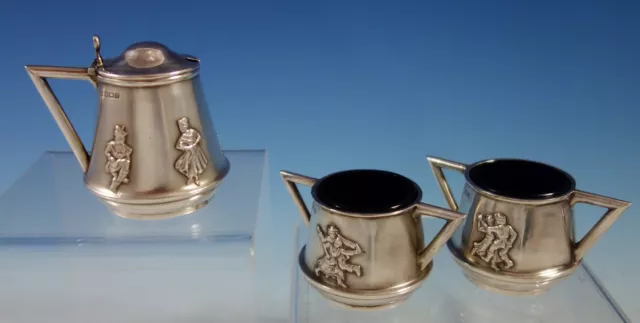 Mappin & Webb English Sterilng Silver Condiment Set 3pc Applied Figures (#2768)