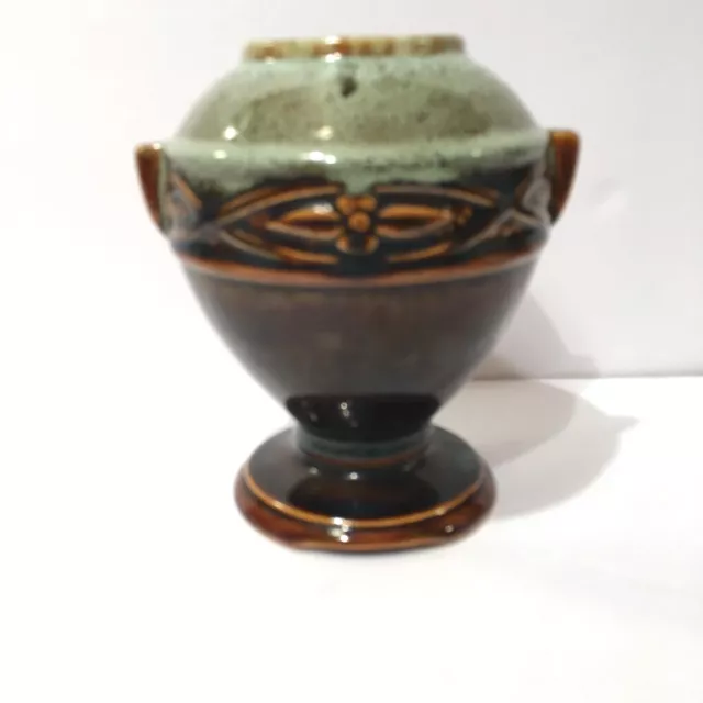 Mid Century Hull Art Pottery Vase Green Glaze Tab Handle Urn Vase 1950's