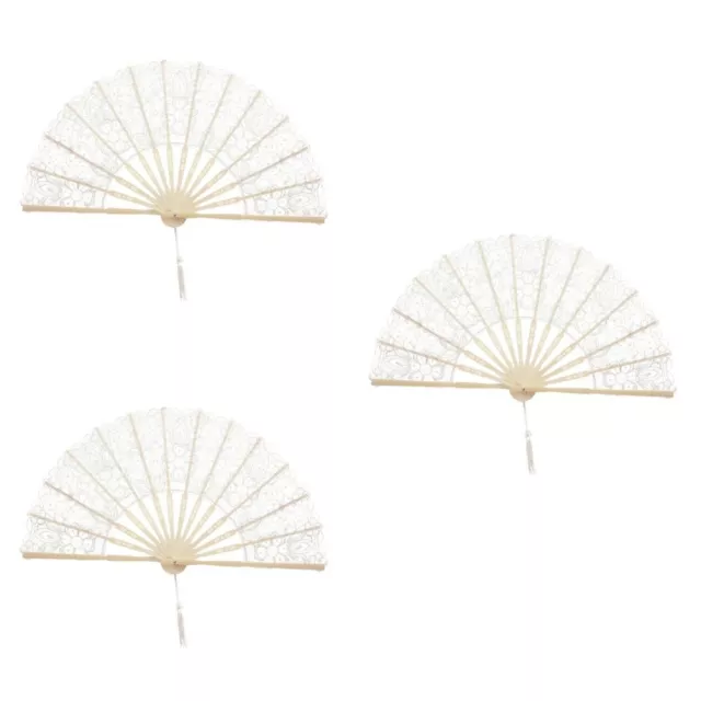 3 Pack Bamboo Lace Folding Fan Embroidered Handheld Fans Vintage Crank