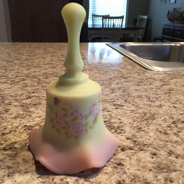 1985 Fenton Yellow Burmese Satin Uranium Glass Bell W/Butterfly Flowers Signed