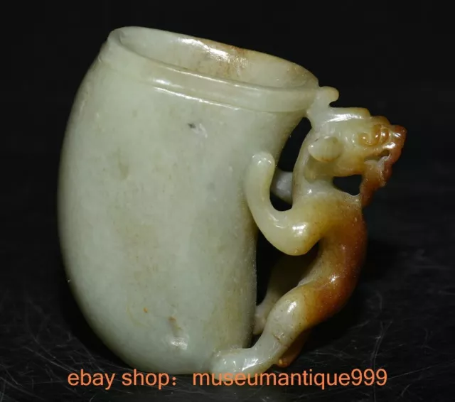 3.2" Old Chinese Hetian Jade Carving Pi Xiu Unicorn Beast Cann Goblet cup