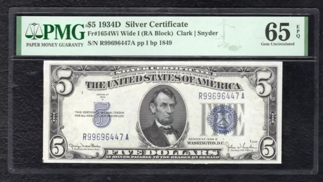 FR. 1654Wi 1934-D $5 SILVER CERTIFICATE NOTE PMG GEM UNCIRCULATED-65EPQ (B)