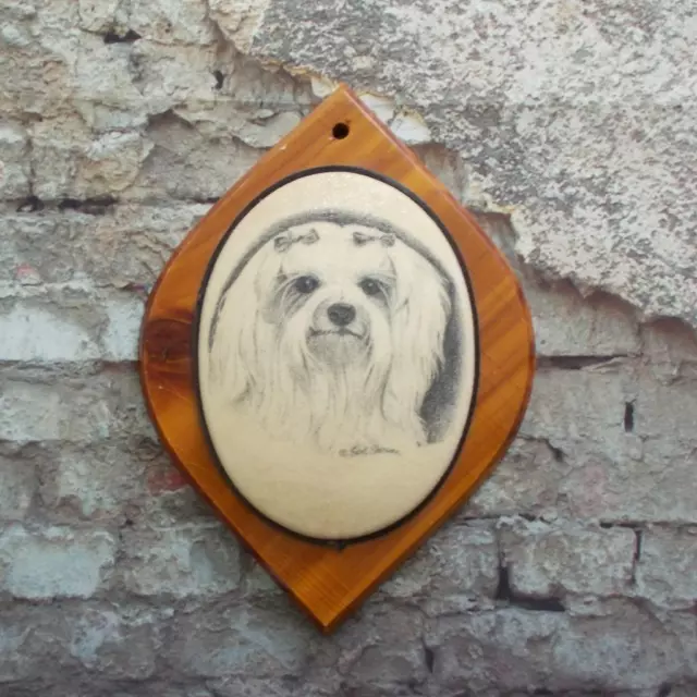 Vintage Maltese Dog Wood Plaque Earl Sherman Sugared Finish