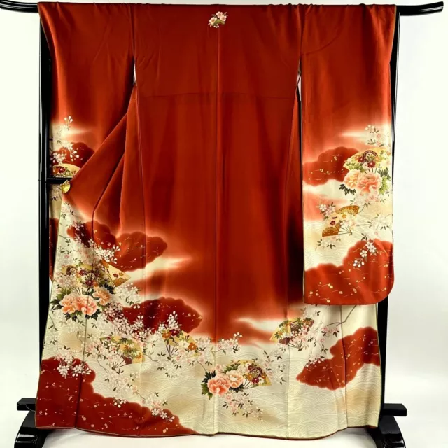 Japanese kimono SILK"FURISODE" long sleeves,Gold thread/leaf,SAKURA,L5'5"..3677