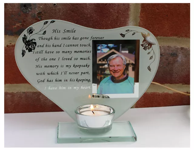 His smile - Inspirational poem, candle and photo holder glass memorial plaque