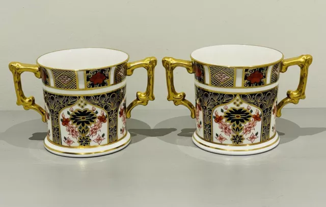 Royal Crown Derby *Pair Of Imari 1128 Gold Handled Loving Cups* - 1St Quality.