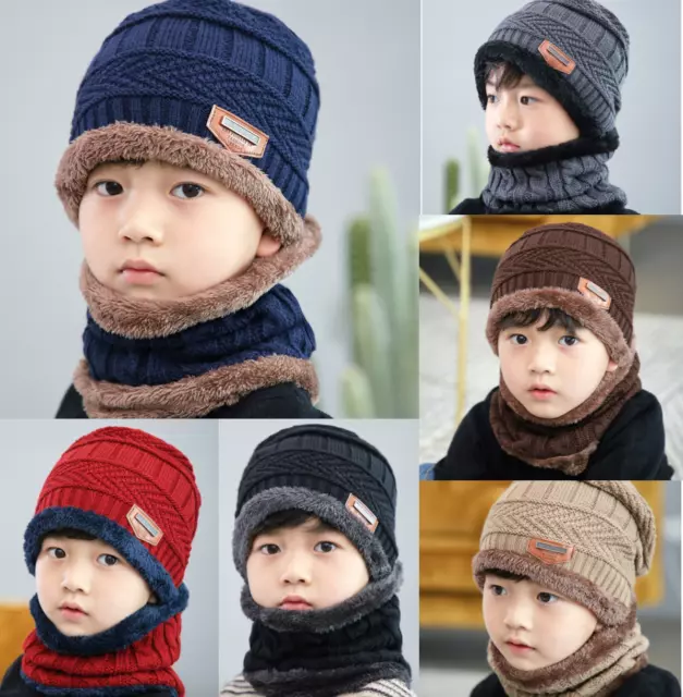 Thermal Fleece Boys Girls Warm Fleece Hat Snood Scarf Set Kids Beanie Hat