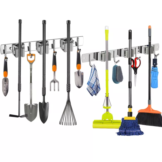 2x Stainless Steel Mop And Broom Holder Wall Mount Garden Tool Garage Organizer