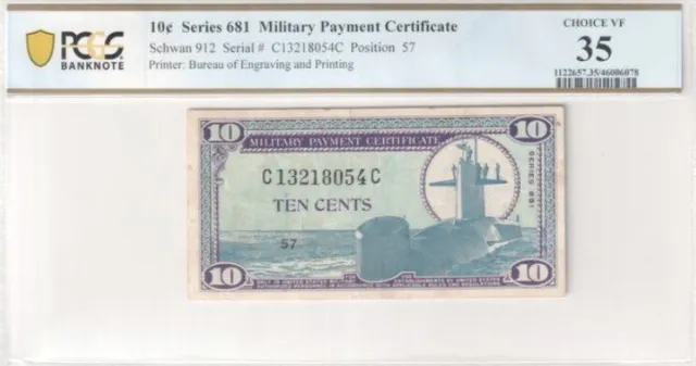 Military Payment Certificate 10c Series 681 PCGS 35 Very Fine Banknote