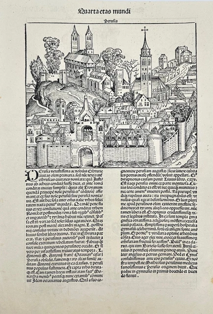 Antique Woodcut - View of Perugia - The Nuremberg Chronicle - Hartmann Schedel