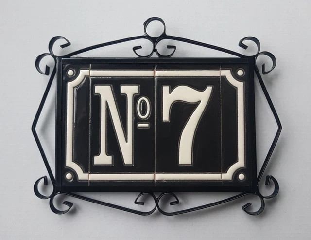 11cm x 5.5cm French Hand-painted Ceramic Black Number Tiles & Metal Frames