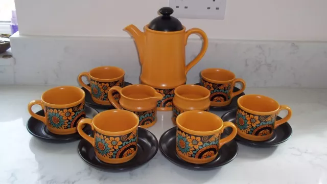 Retro 1970's Coffee Set Sadler Orange Turqouise 6 Cups Saucers Milk Sugar & Pot