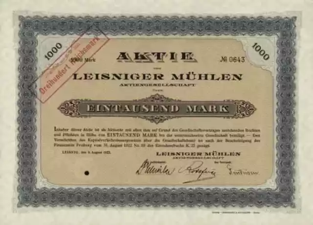 Leisniger Mühle Leisnig Mulde 1922 A. Uhlmann Mittelmühle Berlin 1000 Mark Mehl