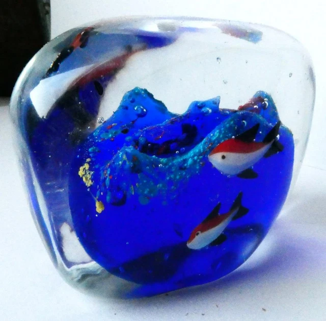 Murano Art Glass Aquarium Reef 4-Fish-Cube Paperweight-