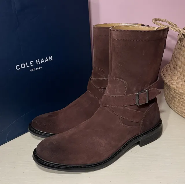 NIB Cole Haan Men’s 10.5 M Chestnut Brown Suede Marshall Tall Belted Moto Boots