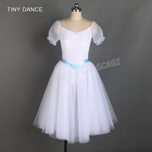 Puff Sleeves Long Ballet Dance Tutus Velvet Bodice Blue Ribbon Trim Tutu Skirt