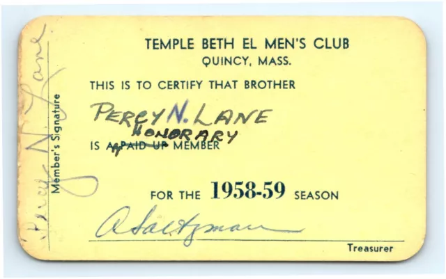 1958 - 1959 Temple Beth El Men's Club Membership Card