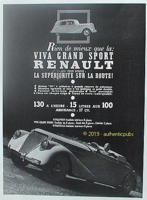 Publicite Renault Viva Grand Sport Conduite Interieure De 1938 French Ad Pub