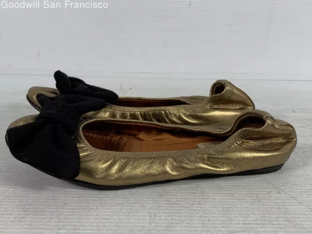 Lanvin Womens Gold Leather Comfort Bow Round Toe Slip On Ballet Flats COA 3