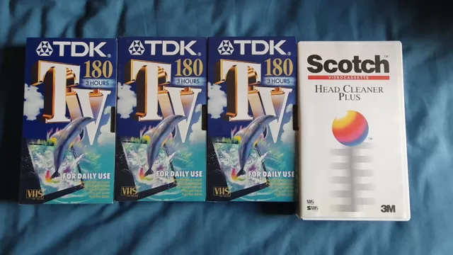 3 x TDK TV 180 Blank VHS Video Tapes - NEW & SEALED + Scotch Head Cleaner (used)