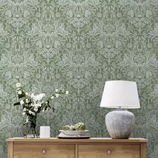 World of Wallpaper Harlen Forêt Damas 50342 Vert Feuilles Lapins