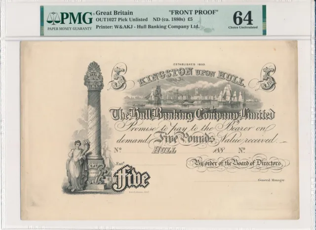 Hull Banking Company Ltd. Great Britain  5 Pounds ND(1880s)  PMG  64
