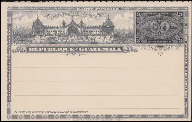 Guatemala: Ganzsache Antwort-Postkarte 3 Centavos 1897, ungebraucht ** / MNH