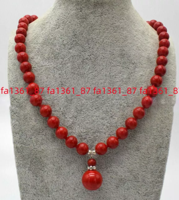 Natural 10mm South Sea Red Coral Round Gemstone Beads Pendant Necklace 18'' AAA