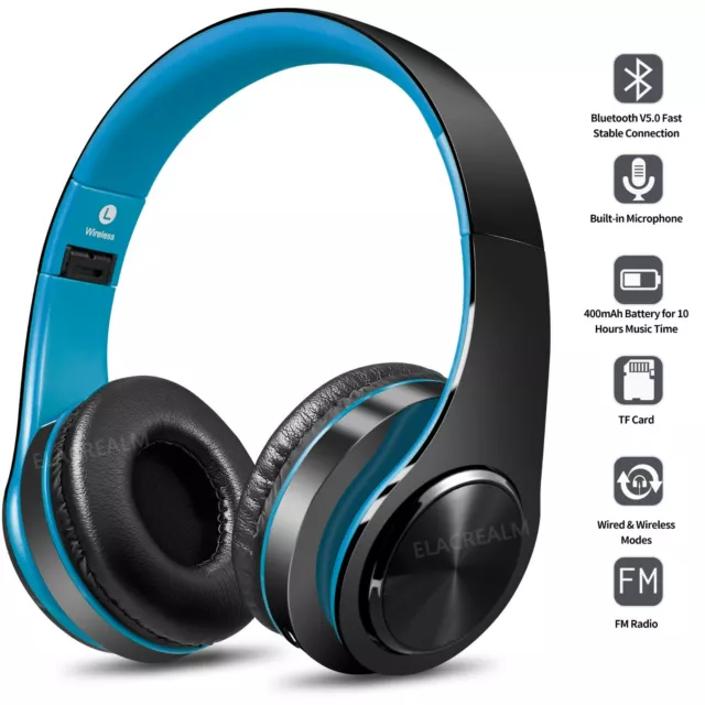 Blue Wireless Bluetooth Foldable Headphones Over Ear Hi-Fi Stereo Headset PC TV