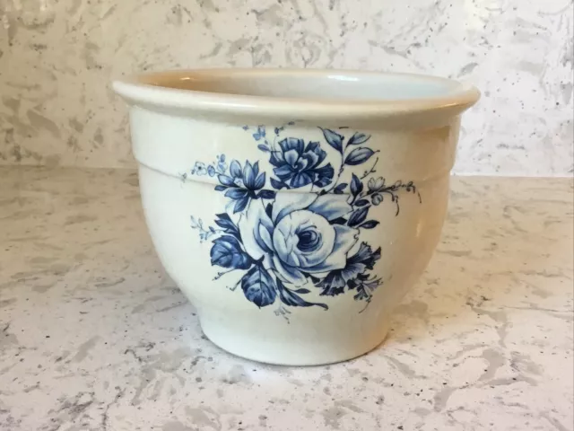 Vintage Zanesville Stoneware Flower Pot Blue Roses 4.5 inch tall x 5.75" wide