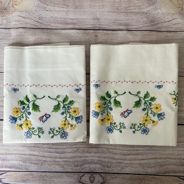 Pair Vtg Embroidered Pillowcases Flowers Butterfly Multicolor on White